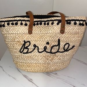 BRIDE beach bag with black pom poms